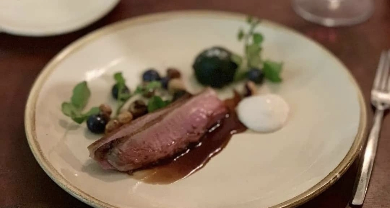 Duck served with blueberries, greens and a rich sauce
